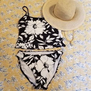Oscar de la Renta Black/White Floral Tankini Sz 10